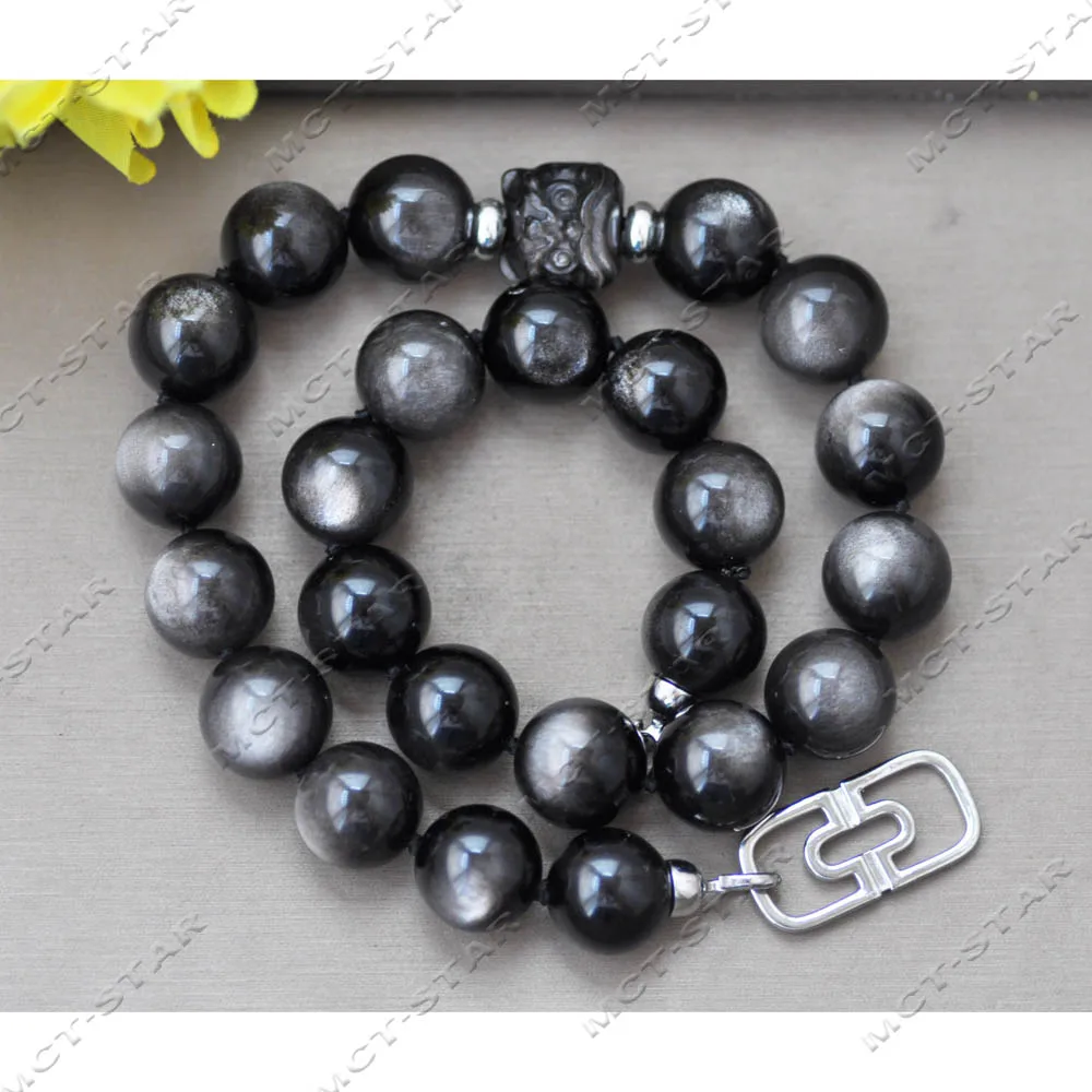 MTC·STAR Natural 18'' 16mm Silver-Eye Obsidian Handmade Lion's-head Totem Necklace (Z14052)