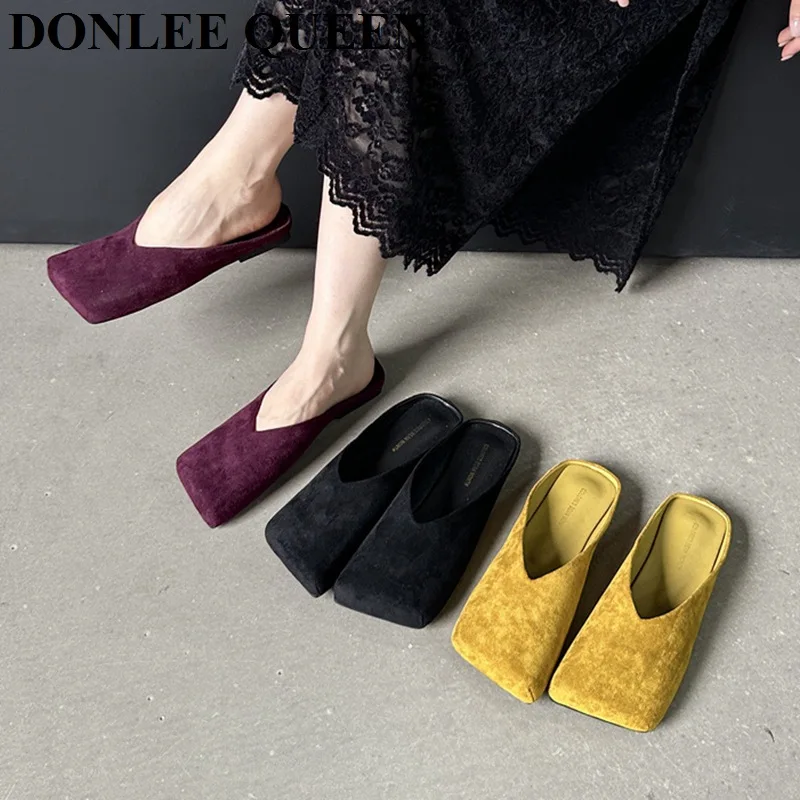 Soft Leather 2024 Ins Yellow Buckle Strap Casual Shoes Fashion Flats Elegant Glitter Metallic Mule Shoes Closed Toe Slippers New