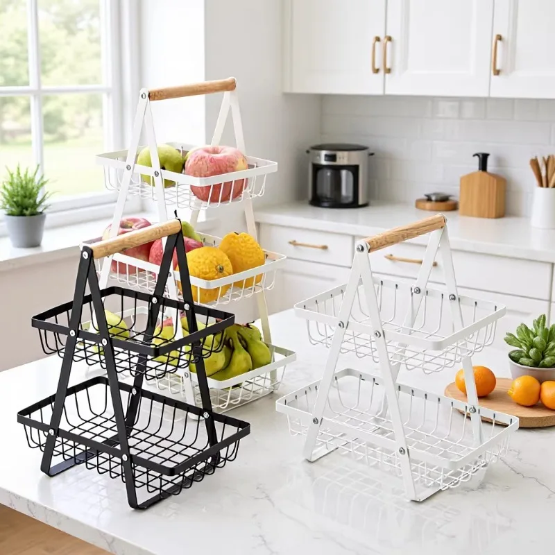 Portable household fruit basket, kitchen drain double-layer storage basket, wrought iron fruit and vegetable storage basket