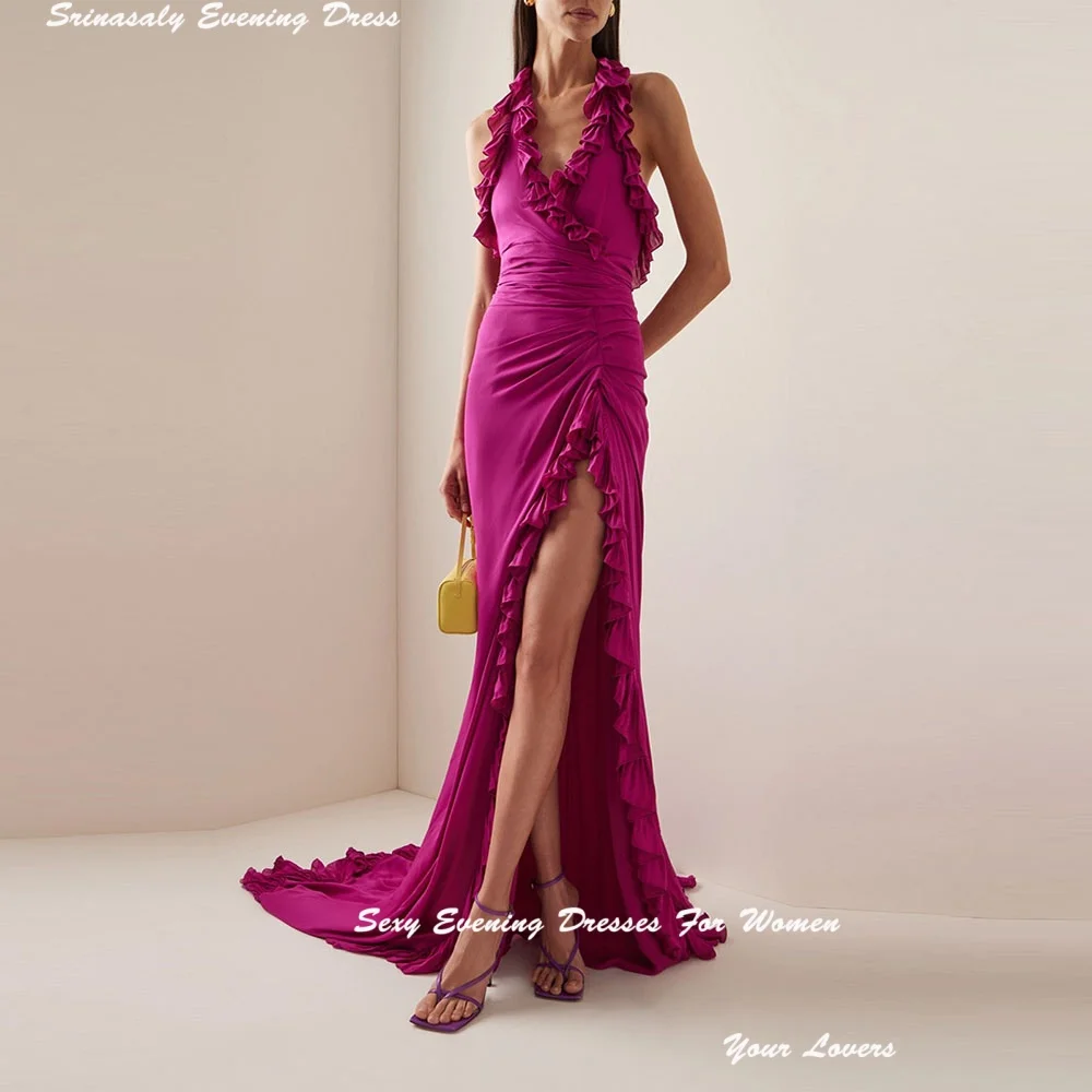 

Halter Chiffon Customized Evening Dresses With Slit V-Neck Sleeveless Backless Ruffle Hem Maxi Dress Ruched Cocktail Party Gowns