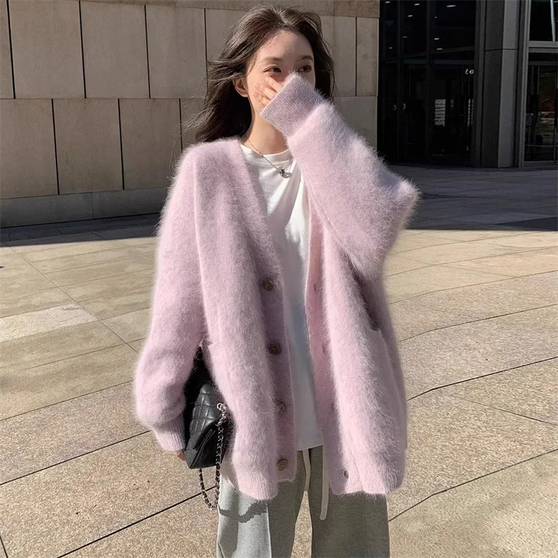 

Korean Version of Women's Soft Waxy Lazy V-neck Knitted Cardigan Autumn Winter New Imitation Mink Velvet Loose Sweater Coat