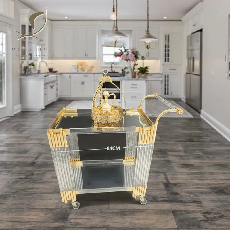 2025 New Arrival Customized European Style Metal Hotel Trolley Cart Modern Handmade Kitchen Furniture Mirrored Fabric Iron Tools