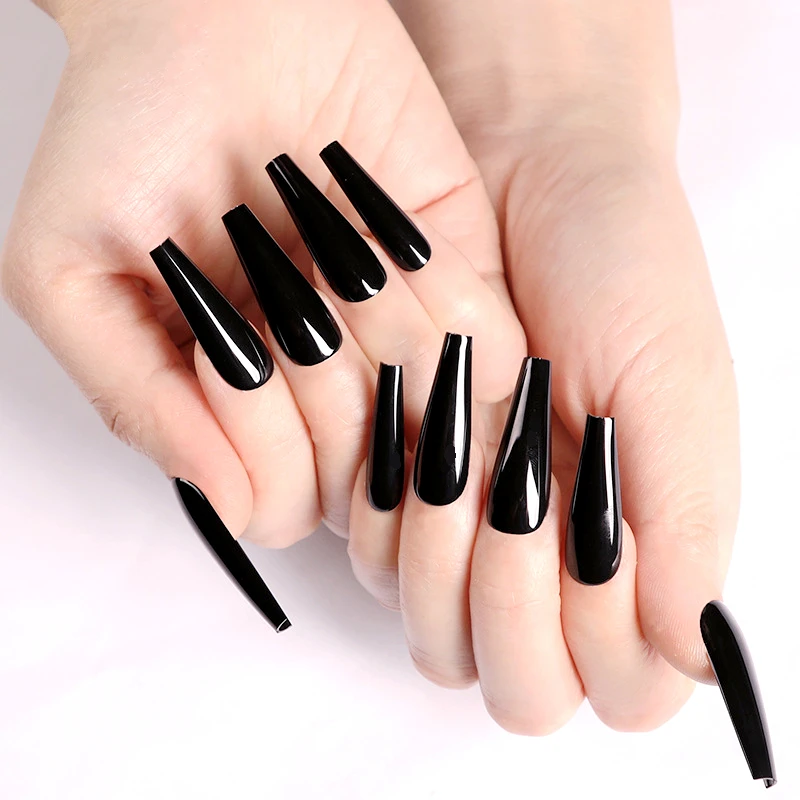 24Pcs Lange Ballerina Künstliche Gefälschte Nagel Mit Kleber Aufkleber Glänzend Schwarz UV Drücken Auf Nägel DIY Fingernagel Kunst spitze Maniküre Werkzeug