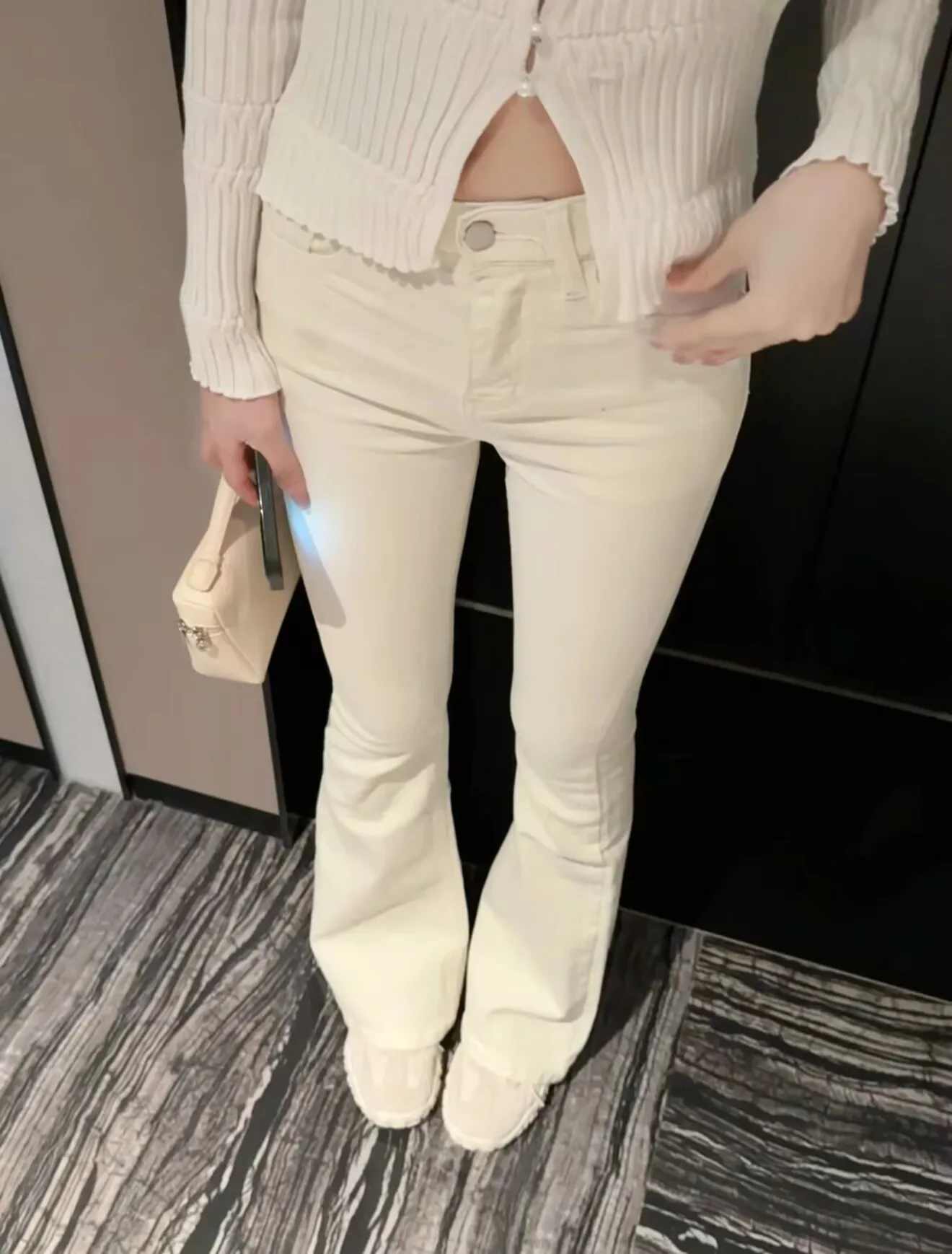 

High Waist Flared Jeans Korean Sle Pure Desire Cotton Stretch Denim Bootcut Pants Tummy Control Butt Lifting Milk White