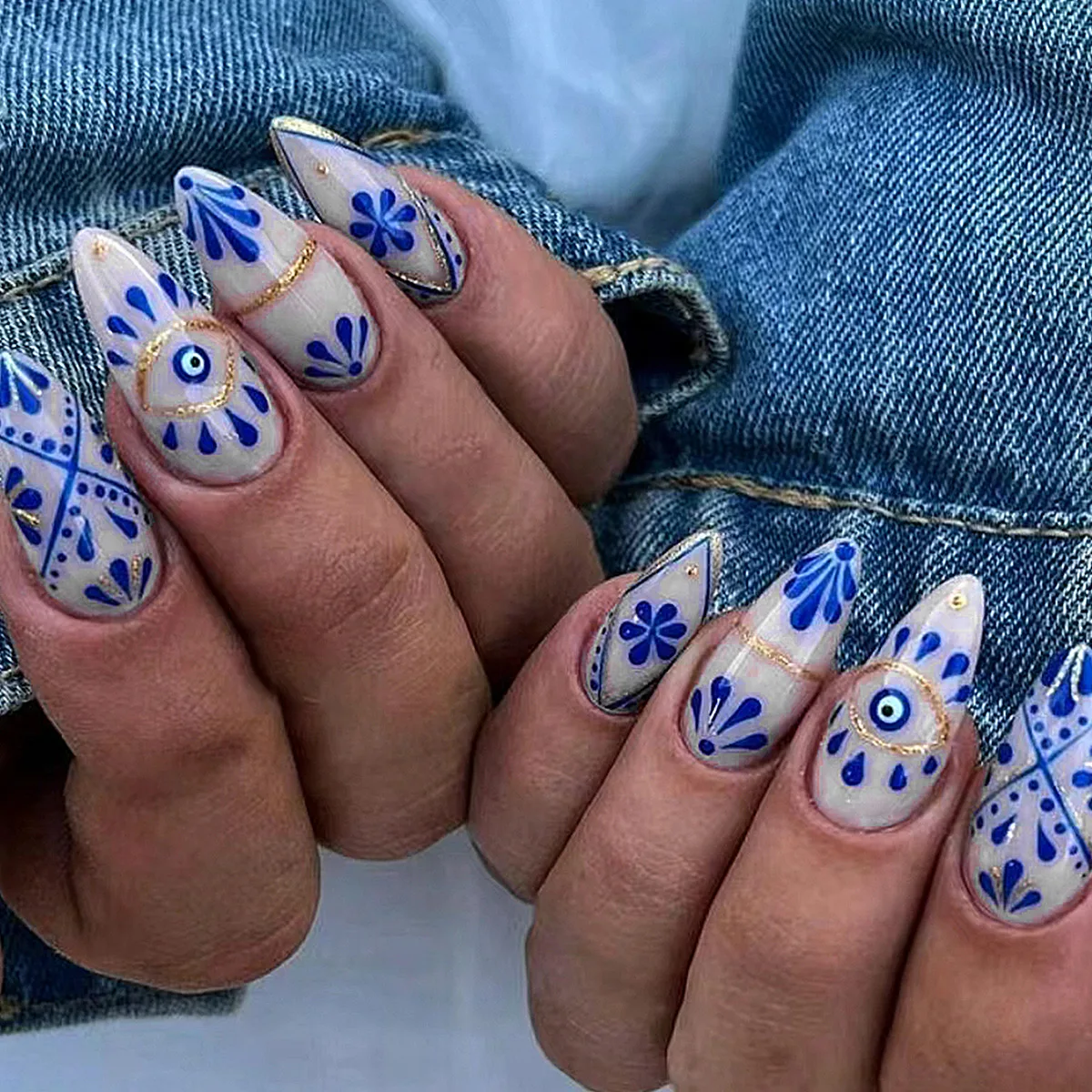 Nieuwe Blauwe Nagels Handgemaakte Pers Op Nagels Amandelen Nagels Blauwe Bloemen Zomer Nagels Korte Pers Op Nagels Stickers