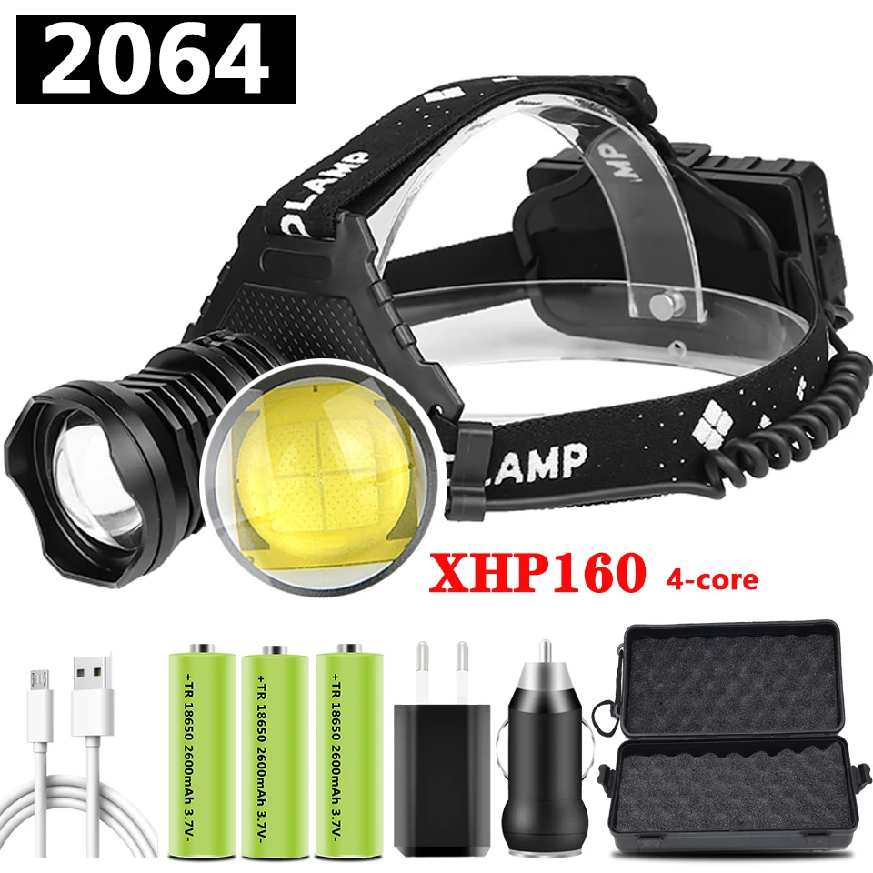 

Four-core The most Brightest XHP160 wick 1,000,000LM Led Headlamp Powerbank Headlight Zoomable Head Flashlight Lamp for Camping