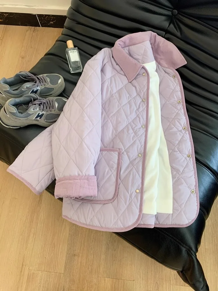 

Korean Sle Lightweight Purple Polka Dot Cotton Jaet Women's Autumn Winter Collar Splicing Diamond Patterned Coat