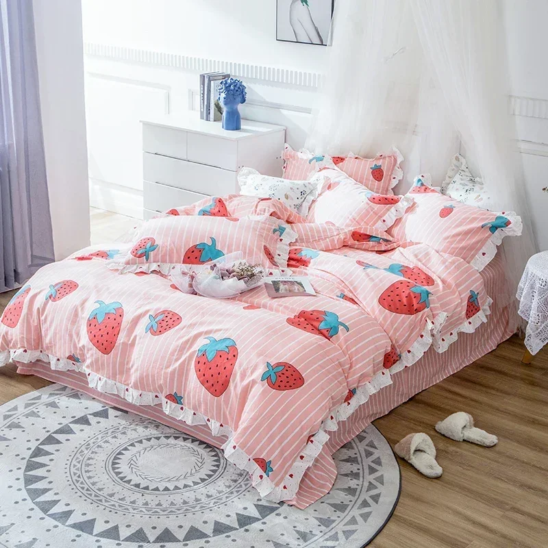 

2023 Newest Four-piece bedding simple cotton double household bed sheet quilt cover dormitory strawberry pink sheet quilt