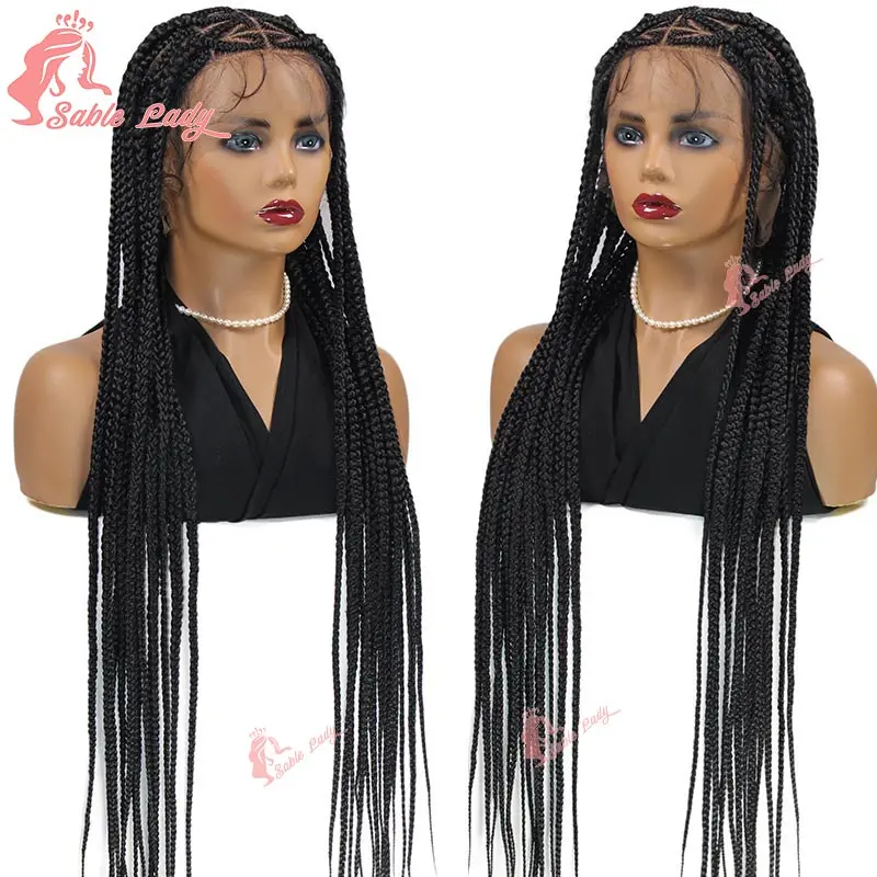 Synthetische volle Spitze herzförmige geflochtene Perücken für schwarze Frauen 36 Zoll Cornrow knoten lose Box Zöpfe Perücke Herz Twist Flechten Perücke