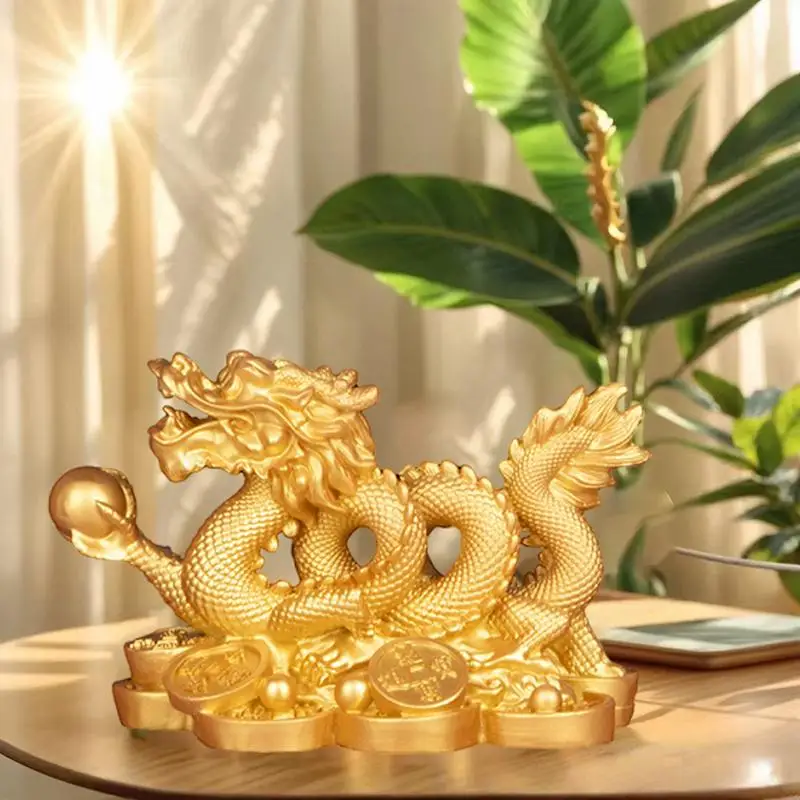 Dragón Dorado de Resina, Adorno Auspicioso, Decoración Artesanal de Feng Shui para Sala de Estar, Oficina, Vinoteca