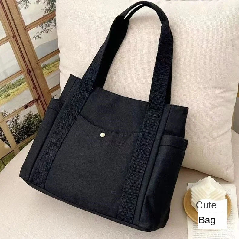Geräumige Canvas-Tragetasche mit Schriftzug, Vielseitige Handtasche für Pendler, Arbeit, Studenten, Untertagetasche für Damen, Einkaufstasche – Detail 14