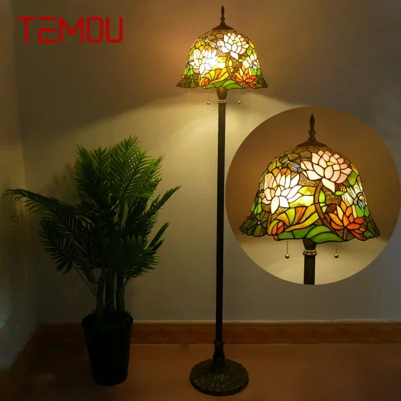 

TEMOU Tiffany Floor Lamp American Retro Living Room Bedroom Lamp Country Stained Glass Floor Lamp