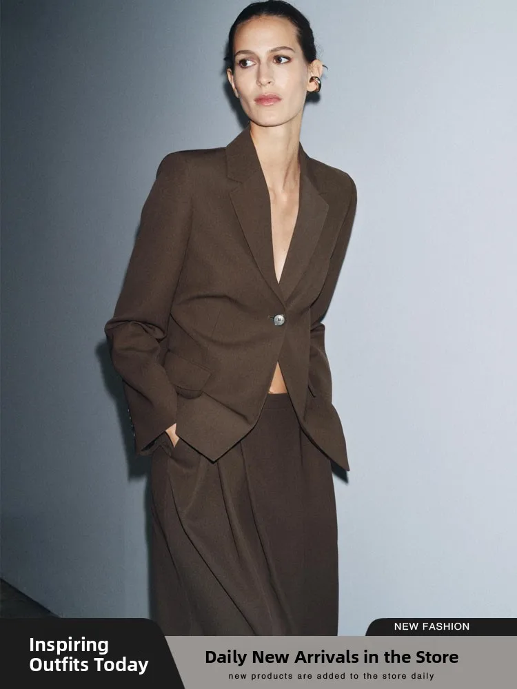 

Women's Tailored Coat New Autumn Collection Pleated Skirt Long Sve Button Closure Stand Fit Casual Sle Ladies Outerwear