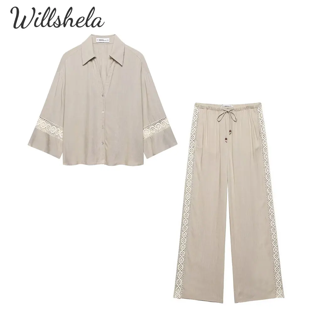 

Willshela женские модные комплекты из 2 предметов, рубашка цвета хаки с вышивкой и прямые брюки, женские шикарные женские повседневные брючные костюмы Mujer