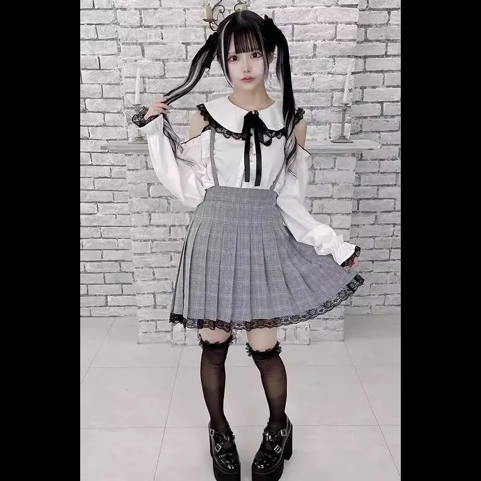 NONSAR Sweet Cute Long Sleeve Tops Japanese Style Mine Mass-Produced Kawaii Bow Lace Ruffles Blouse Girls Off-Shoulder Shirts