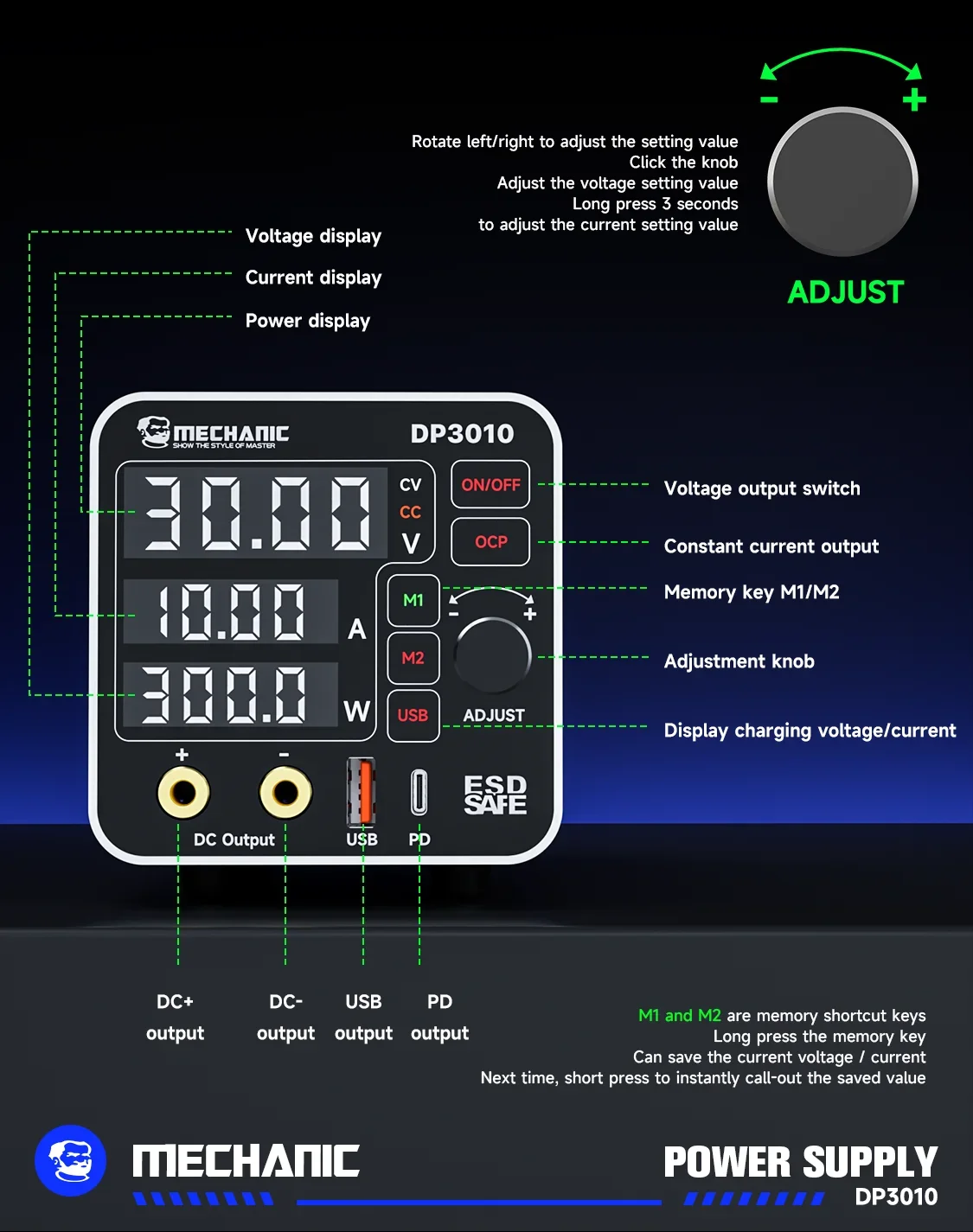 MECHANIC DP3010 Desktop Adjustable Power Supply 300W High Power Wide Voltage Fast Charging Tool For iPhone Android Phones