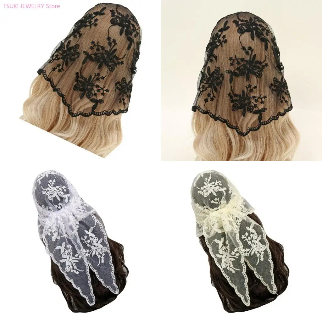

62KE Embroidery Head Wrap Lace Triangle Scarf Elegant Triangle Shawl Scarf Shawl