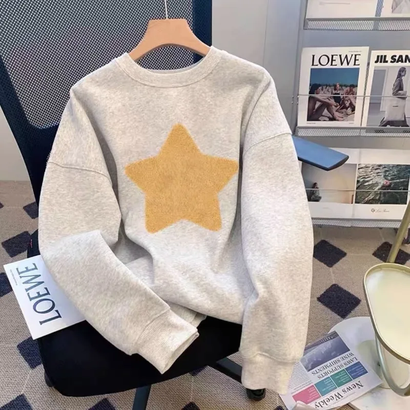 

Heavyweight Cotton Round Neck Pullover Sweater Women's Autumn and Winter Trendy Versatile Velvet Thickened Jacket