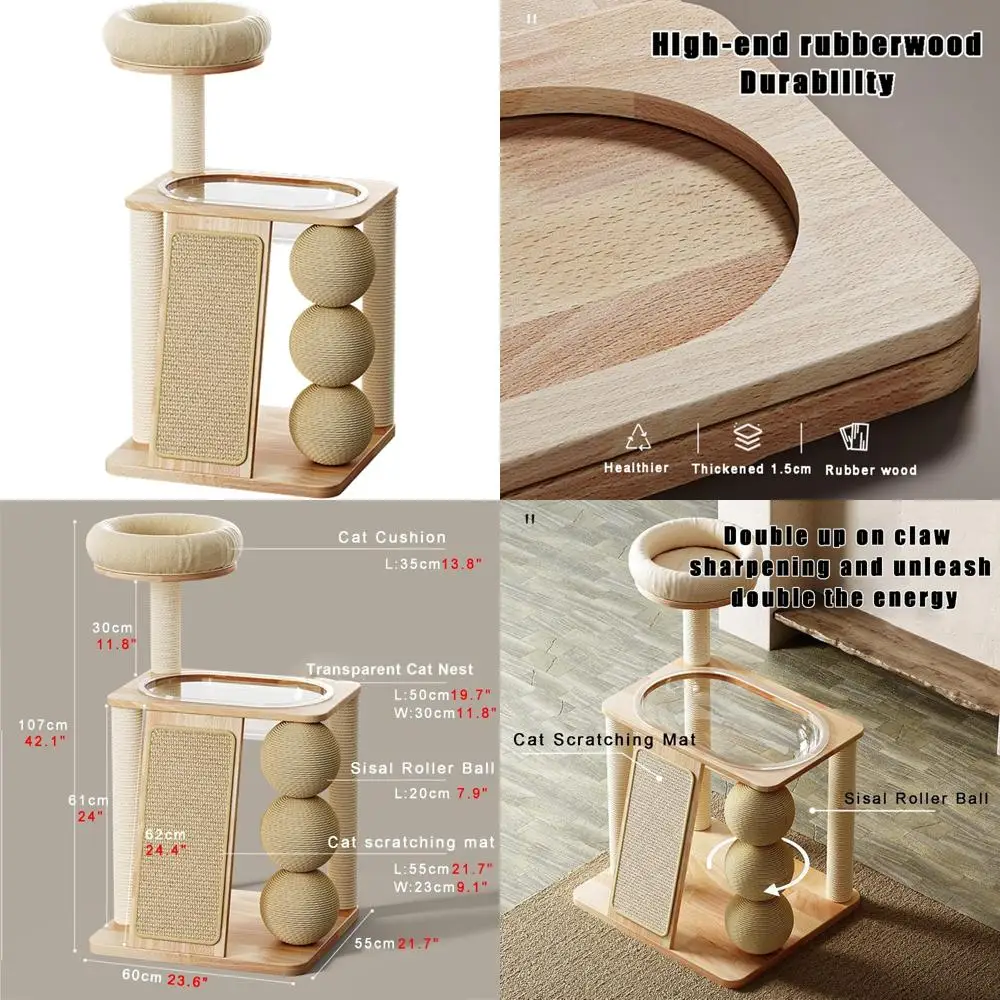 

Solid Wood 2-Tier Cat Tree with Acrylic Nest, Sisal Rope Posts, Swivel Ball, and Jumping Platform for Cats