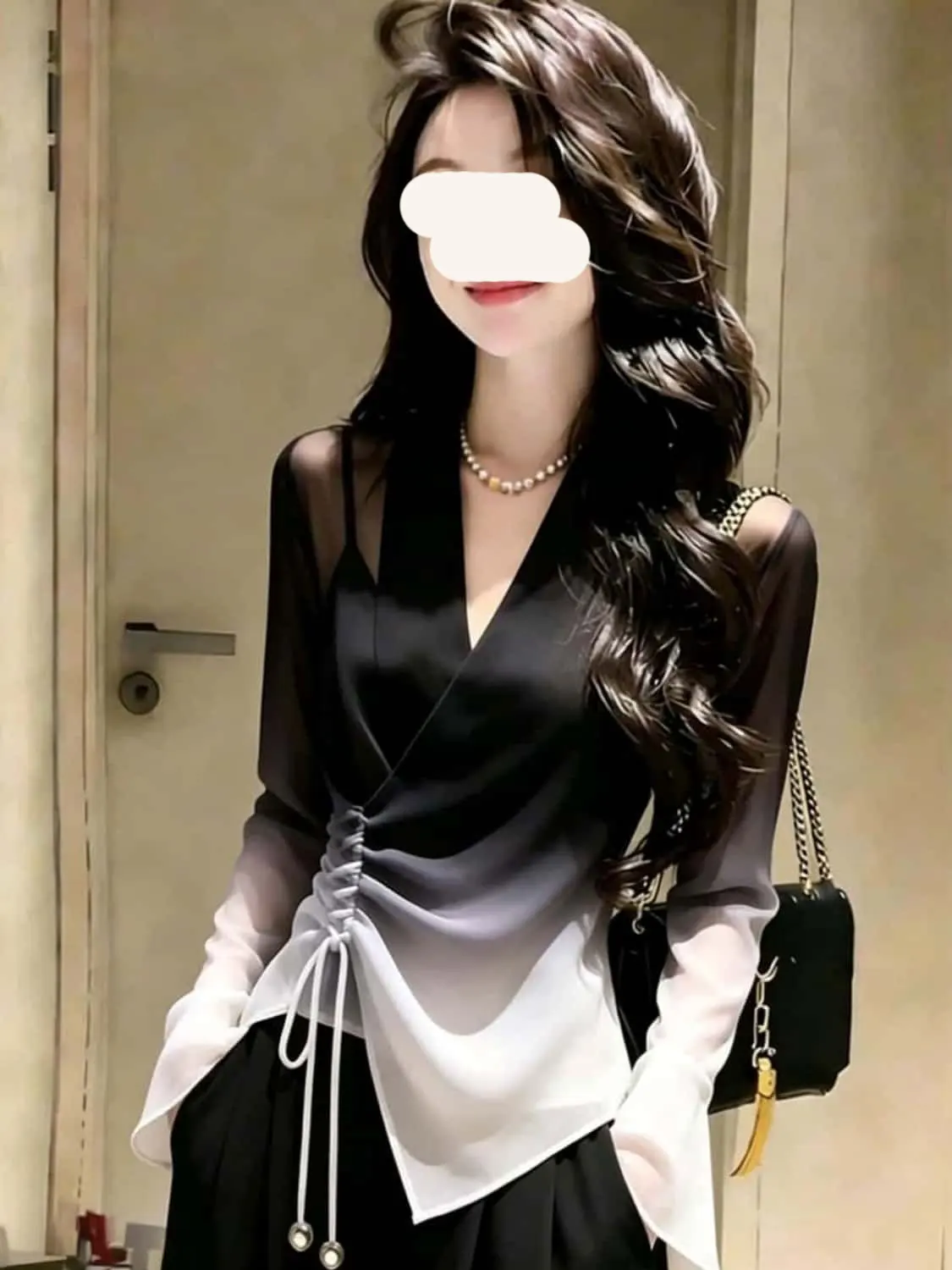 Elegant Black Grey Gradient Long Sleeve Shirt Drawstring Bell Sleeve Luxury Style Job Seeking Season Super Fairy Tale Women's...