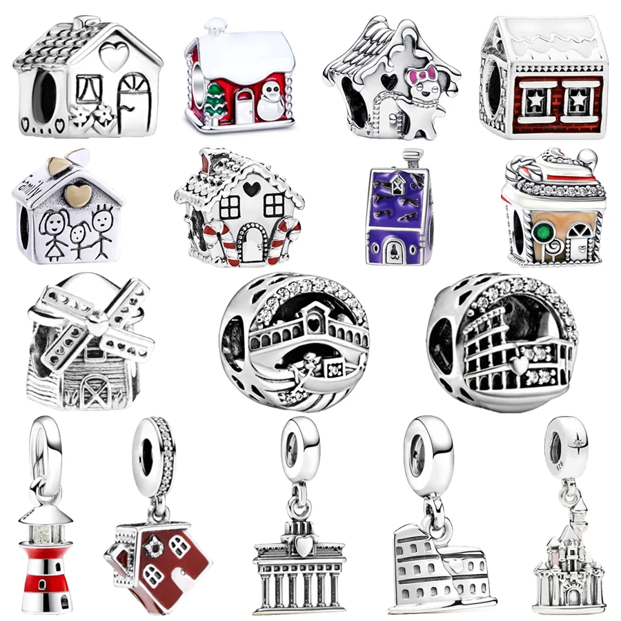 Fashion DIY Little House Lighthouse Festive Gingerbread House Dangle Charms Beads Fit Original 925 Silver Bracelet Jewelry Gift