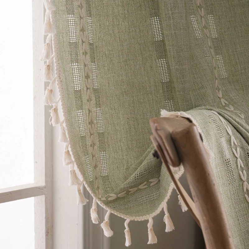 Boho Curtains for Bedroom Living Room Semi-Blackout French Country Linen Embroidery Vintage Chic Tassels Hollow Window Treatment