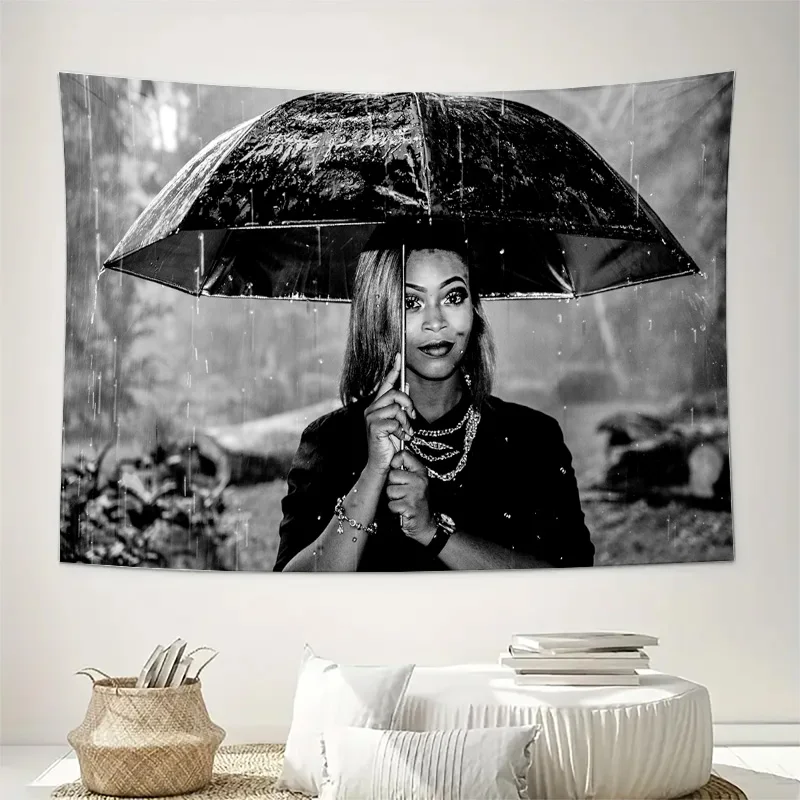 Black and White Rainy Day Woman with Umbrella Wall Tapestry Machine Washable All Season Decor Print Home Elevate Your Space