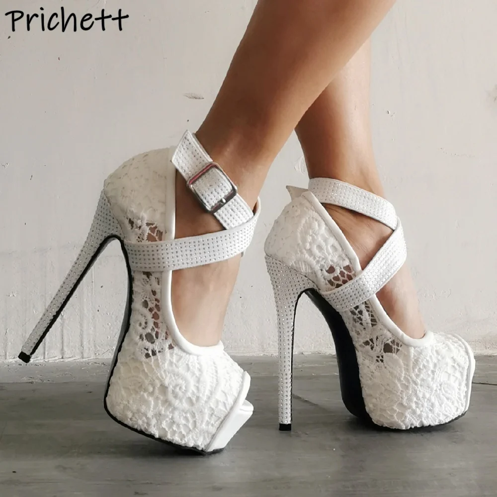 

White Lace Wedding Pumps White Platform Peep Toe Buckle Strap High Heels Hollow Cross Band Shoes Women's Elegant Summer Shoes