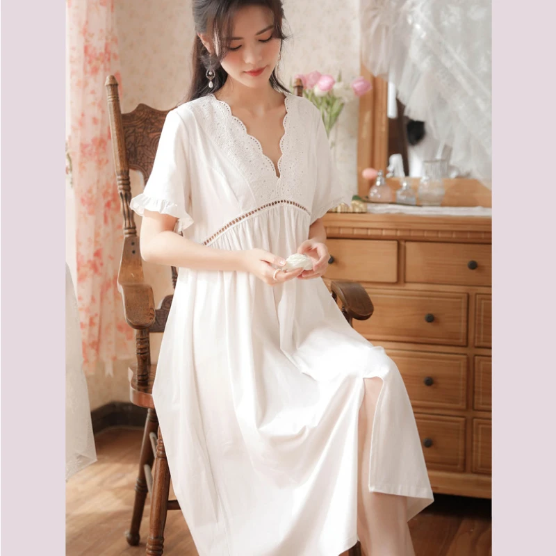 Sexy Lace Cutout Cotton Night Dress Women Summer Short Sleeve White Peignoir Victorian Vintage Nightgowns Princess Sleepwear