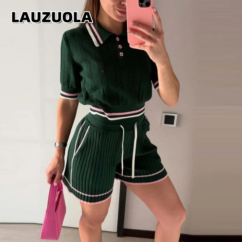 Preppy Style Striped Trim Knitted Two Piece Outfit Women Short Sleeve Knit Top Elastic Waist Drawstring Shorts Matching Set