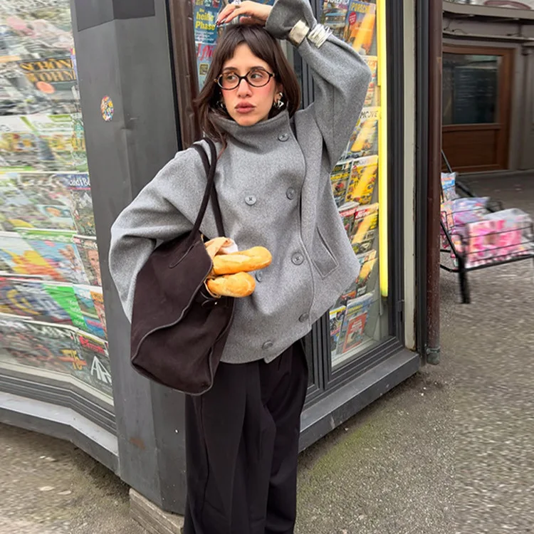 

Double Breasted Trench Coat Women 2025 Fall Winter Stand Collar Solid Wool Blend Long Jacket Fashion Outerwear