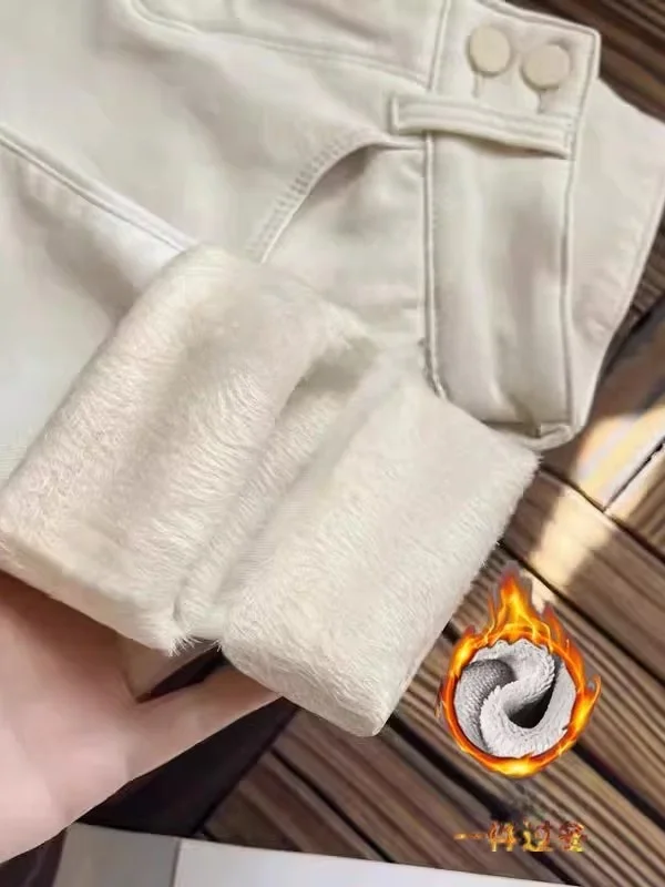

Winter High Waist Thiened Fce Denim Pants Women's Faionable Warm Light Color Slimming Bootcut Jeans Casual Sle
