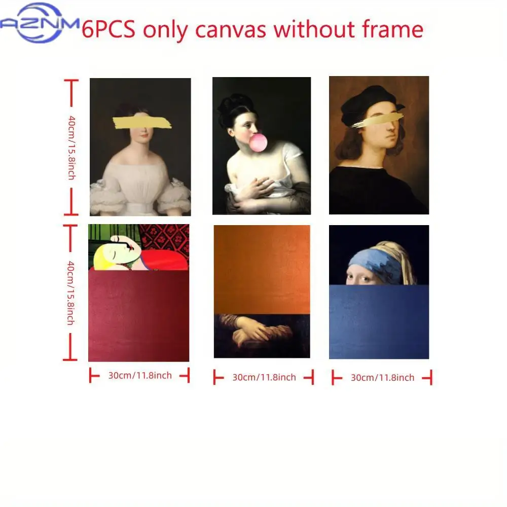 A Set of 6 Unframed Canvas Art Pieces Featuring Creative Reinterpretations of Famous World Paintings, Filled with Imaginative Ge