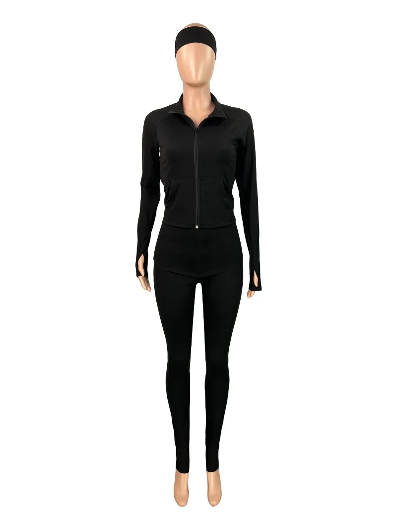 Women Solid Tracksuits with Headband 2 Piece Set Long Sleeve Zipper Jackets Tops + Lapel High Waist Flare Pants 2025 Autumn Suit