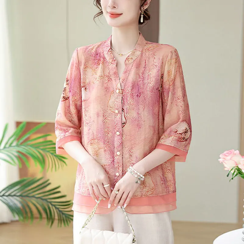 Stylish Patchwork V-Neck Blouse Female Clothing Single-breasted Summer Casual 3/4 Sleeve Basic Loose Vintage Folk Printed Shirt