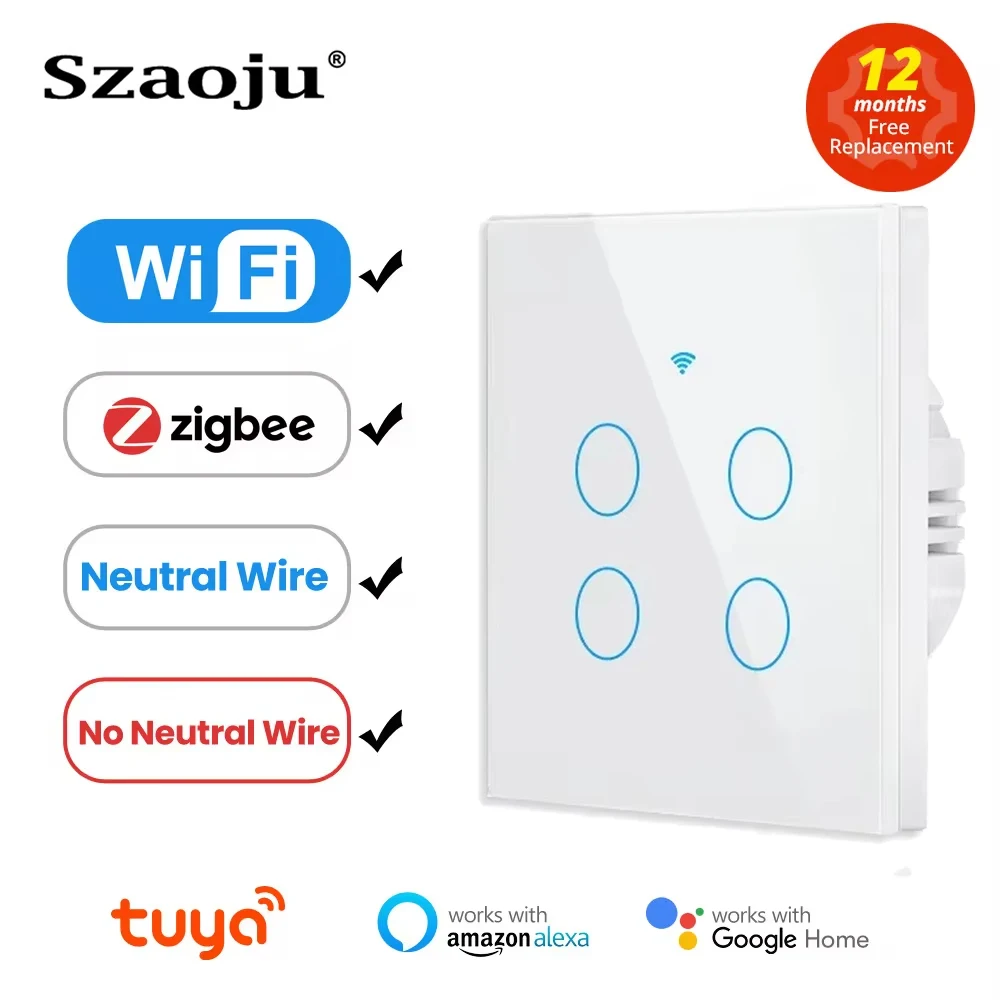 Szaoju Tuya EU WiFi/Zigbee Smart Wall Switch 1/2/3/4 Gang Light Switch Smart Touch Sensor Smart Home Work with Alexa Google Home