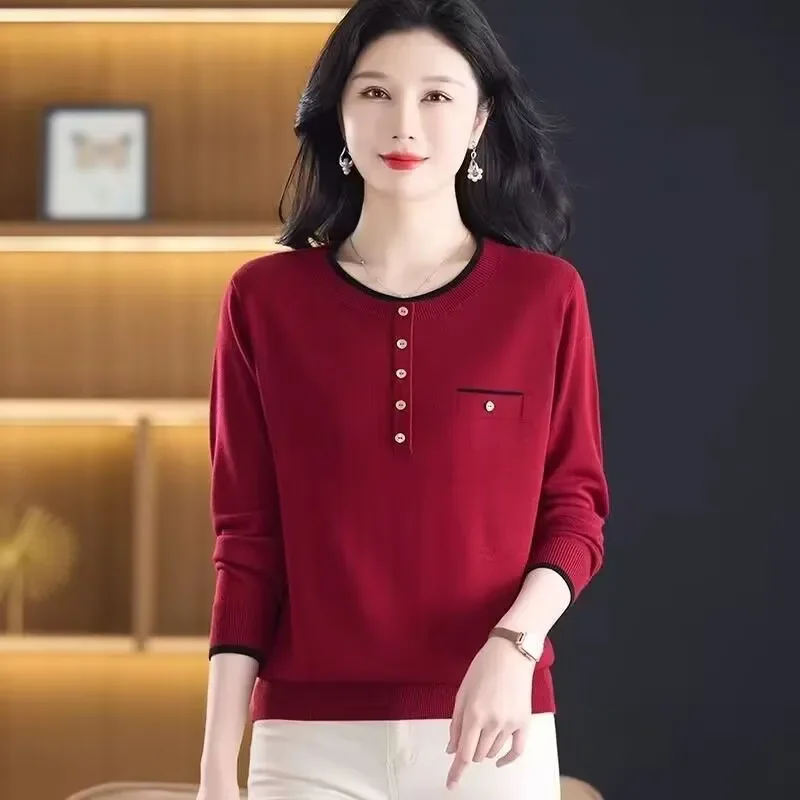 

Knitted Pullover Sweater Women Spring Aautumn New Fashion O-Neck Long Sleeves Mom Loose Thin Knitwear Jumper Ladies Tops T1485