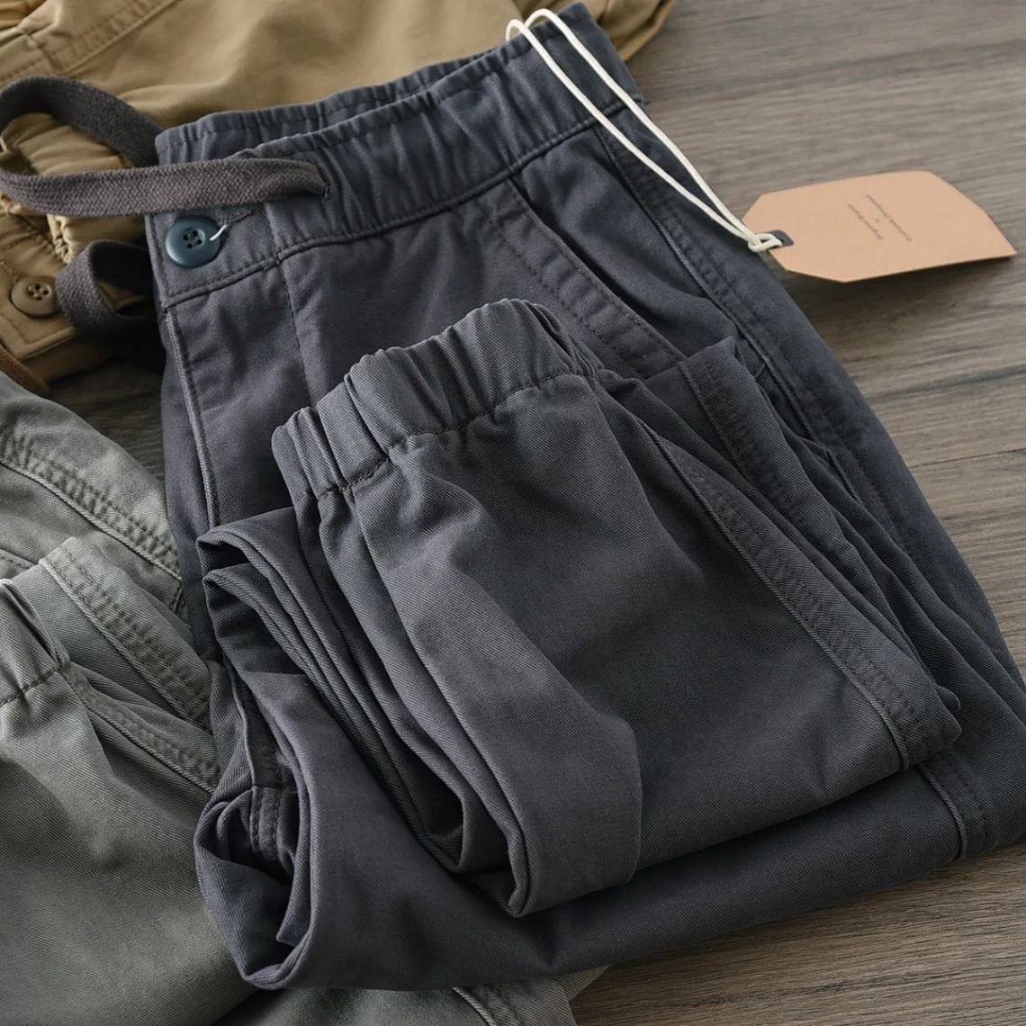 

Mens Heavyweight Cotton Jogger Pants Japanese Vintage Workwear Cargo Pants Washed Casual Elastic Ankle Trousers
