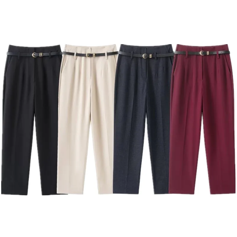 กางเกงขายาวทรงตรงเอวสูงสไตล์ลำลองสำหรับผู้หญิง แฟชั่นทรงเข้ารูป รุ่นใหม่ล่าสุดสำหรับฤดูใบไม้ร่วง พร้อมเข็มขัด กางเกงขายาวลำลอง