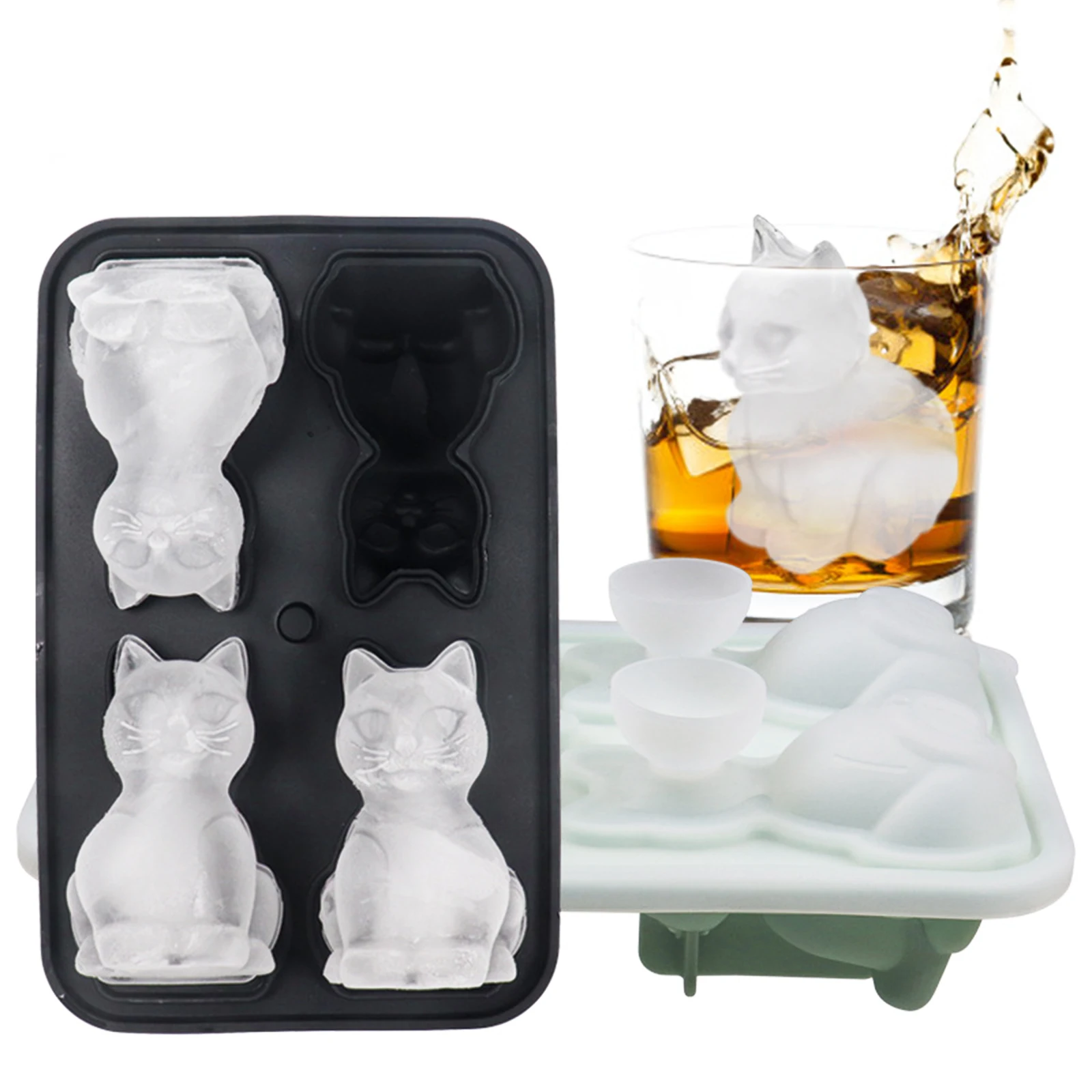 3D Cat Ice Cube Mold With Funnel Silicone 4 Cavity Cat Ice Cube Trays For Whiskey Wine Cocktail Ice Cube Maker Chocolate Mould