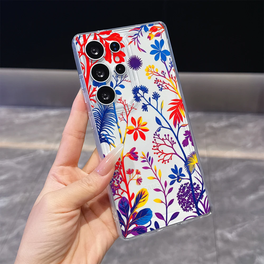 Colorful Floral Plants Clear Soft TPU Back Cover For Samsung Galaxy S26 S25 S24 FE A15 A55 A57 Shockproof Phone Case