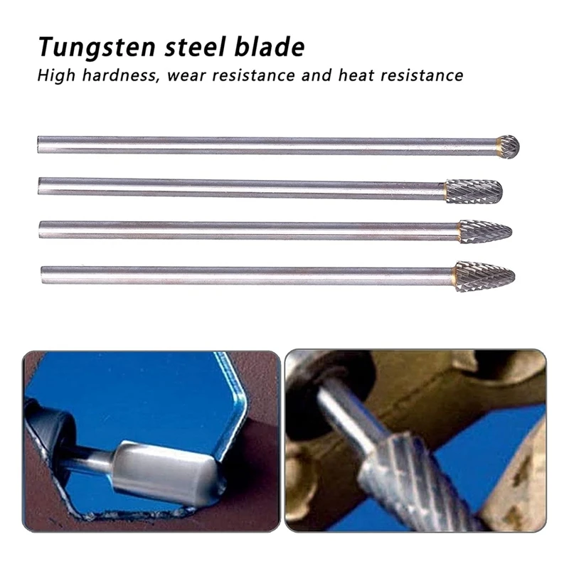 Arquivo rotativo longo de aço de tungstênio, conjunto de rebarbas rotativas com haste de 6mm para escultura em madeira, perfuração de polimento e gravação
