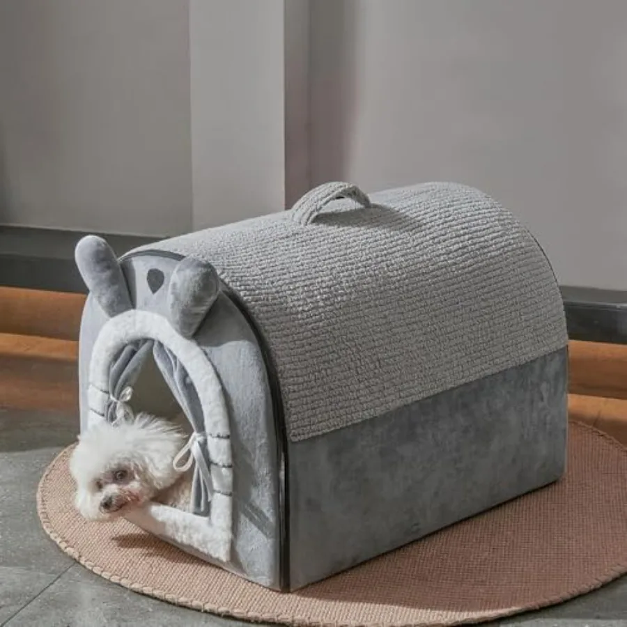 Cute Small Dog Cave Bed with Door Curtain Design, Dog House with Reversible Washable Cushion, L Size Portable Puppy House for 1