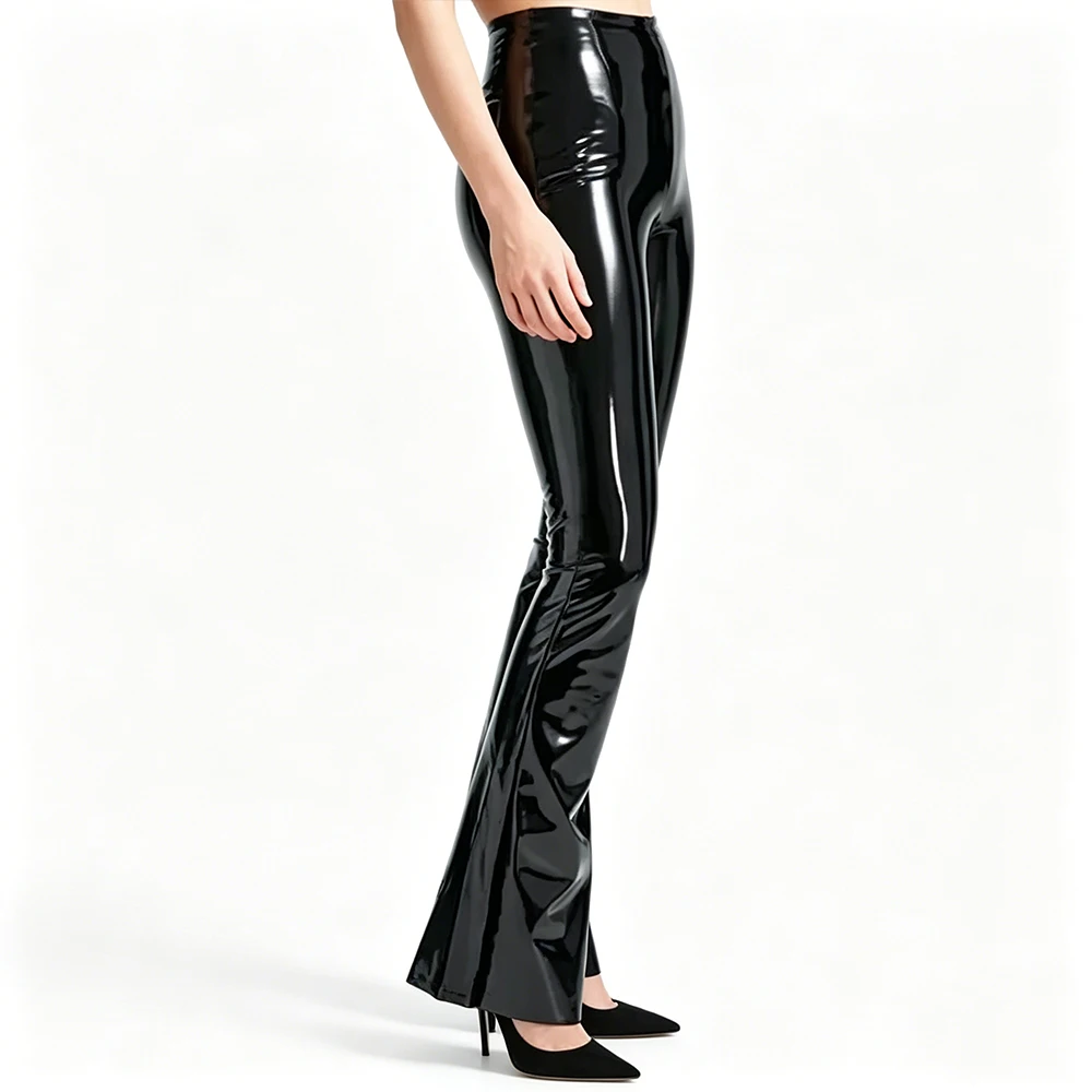 Women High Waist Patent Leather Flare Pants Glossy PVC Latex Wet Look Bell Bottom Leggings Black Bodycon Trousers for Night Club