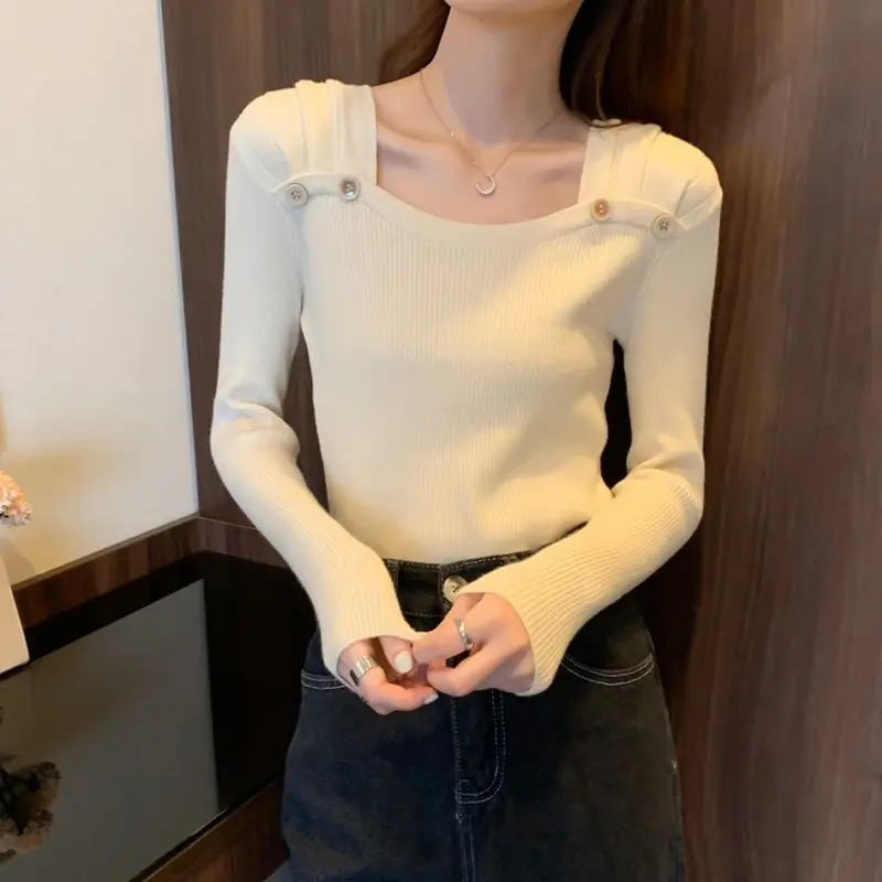 Jersey nuevo con cuello cuadrado francés de diseño a la moda para mujer, Top básico de punto para otoño e invierno 2025