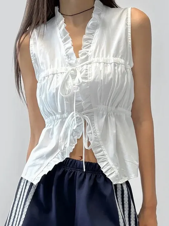 Gilet d'été Anti-âge pour femmes, irt, coréen, rétro, personnel, oreilles en bois, v-ne, taille plissée, haut amincissant