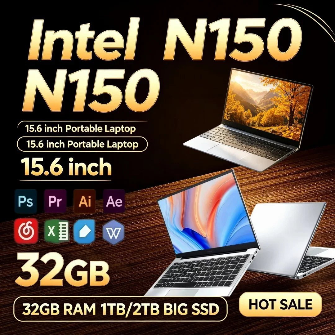 15.6 Inch Hot Sale Laptop 2026 Intel N150 Ultra-thin Portable 16GB/32GB RAM Windows11 1/2TB Large SSD