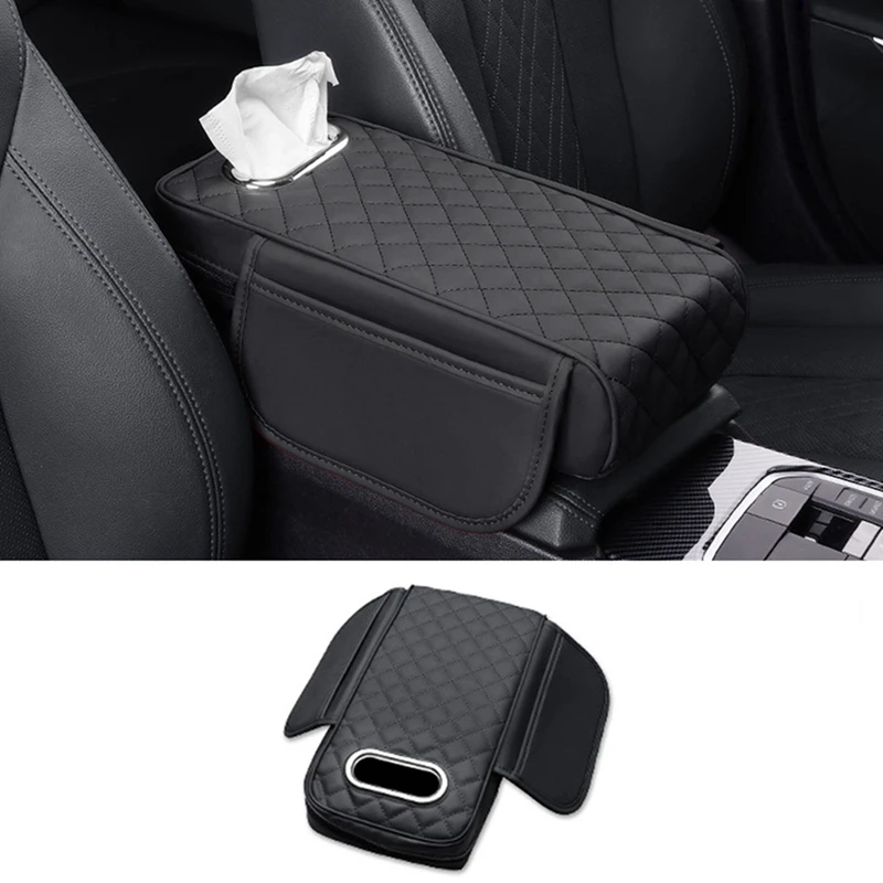 Car Armrest Cover PU Leather With Tissue Storage Memory Foam Height Pad Auto Center Armrest Protective Cushion Support