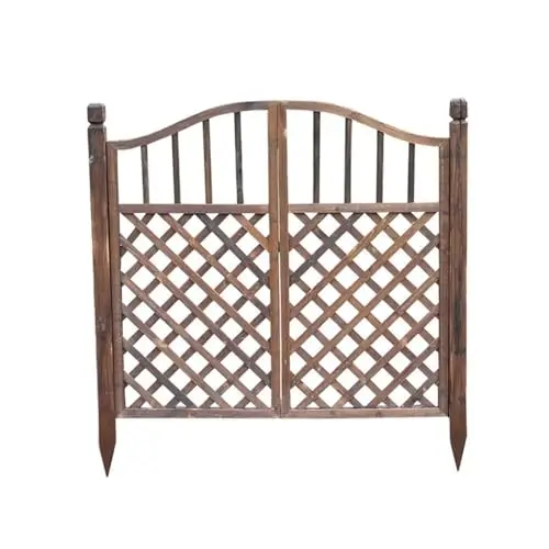 Outdoor Garden Gates, Wood Arched Double Door Fence Gate | Freestanding Fencing, Carbonized Vintage Wooden Doors for
