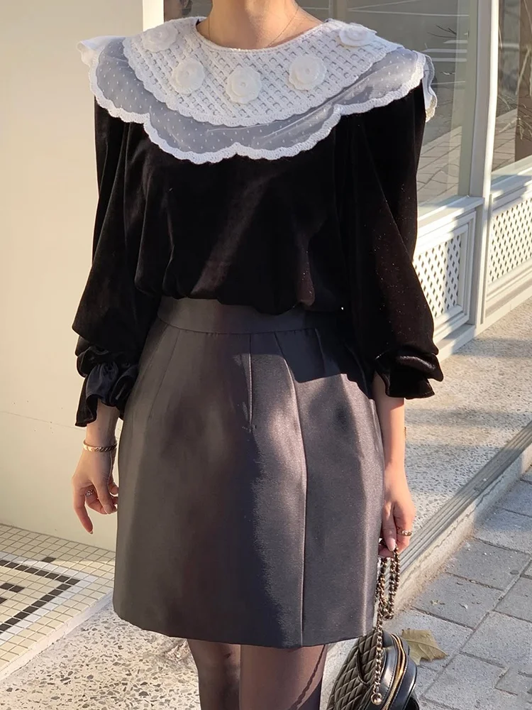 Chic terciopelo largo Sve muñeca Collar 3D bordado Floral versátil mujer Top dulce Ele Sle otoño nueva llegada